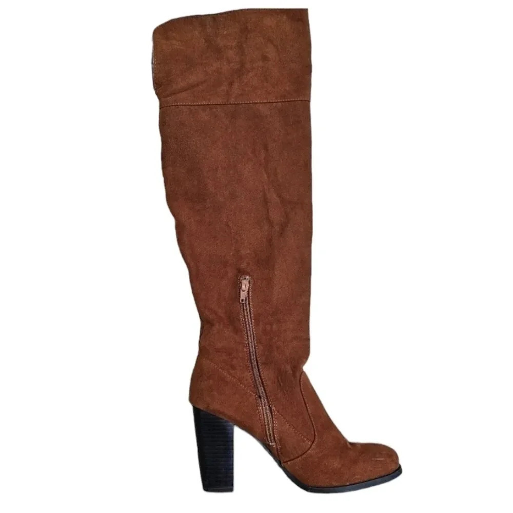 Bamboo Women’s 7 Knee High Brown Faux Suede Boots Boho Y2K Festival Heels - Picture 7 of 7